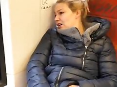 German blondie public dildo fucking on the train